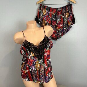 Vintage 90s Satin Cami and Shorts Sleep Set Red Black Floral Stripe Size Large